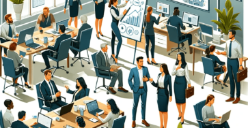 illustration depicting a diverse group of professionals in a modern office